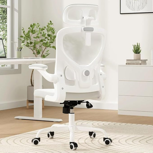 Soohow Office Chair, Ergonomic Office Mesh Desk Chair with Adjustable Back Support, High Back Comfy Computer Swivel Chair with Headrest, Lumbar Support for Study Room, Gaming and Office, White & White