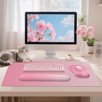 4-in-1 Large Gaming Mouse Pad, Keyboard Wrist Rest Pad & Wrist Support Mousepad Set, Extended Desk Pad Waterproof Desk Mat for Home Office Decor Study Game 35.4×15.7 Inches I Gradient Pink Blush