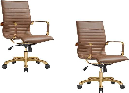 LeisureMod Harris Modern Ergonomic Executive Office Chair, High-Back Leather Conference Desk Chair with Adjustable Height, Tilt Control, 360° Swivel & Gold Frame for Home Office