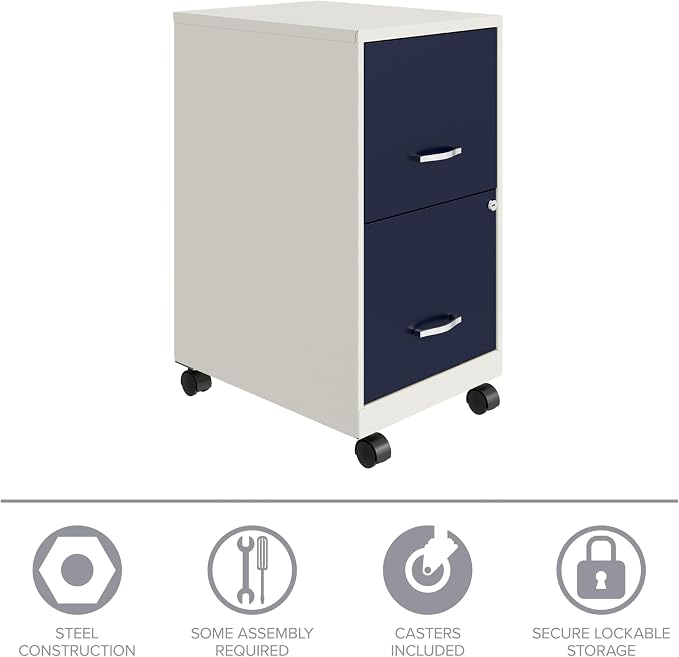 Space Solutions - 2 Drawer Fully Assembled Vertical Steel File Cabinet, Home & Small Office Use, Fits Under Most Desks, Letter-Size, Lock, Mobile, Pearl White/Navy