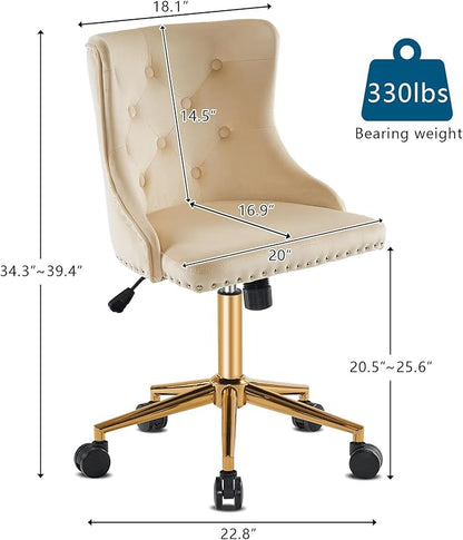VINGLI Beige Velvet Armless Home Office Desk Chair with Gold Base/Wheels, Small Cute Vanity/Makeup Chair with Back for Bedroom, Upholstered Adjustable Rolling Swivel Nail Chair for Women/Girls