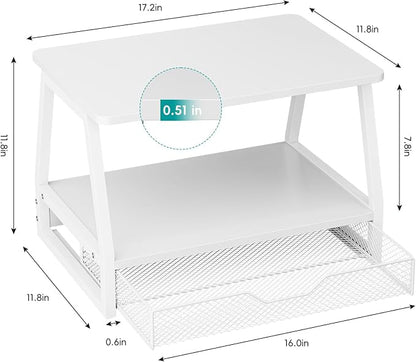 2-Tier Printer Stand with Storage, Desktop Organizer with Drawers for Printer Paper, Desk Shelf for Office and Home Printers‌ Tables, White