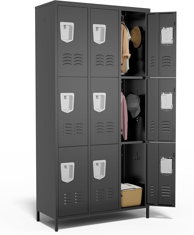 9 Door Metal Lockers for Employees,9 Heavy-Duty Hooks,72" Secure Storage for Home,Offices,Schools & Gyms | Black