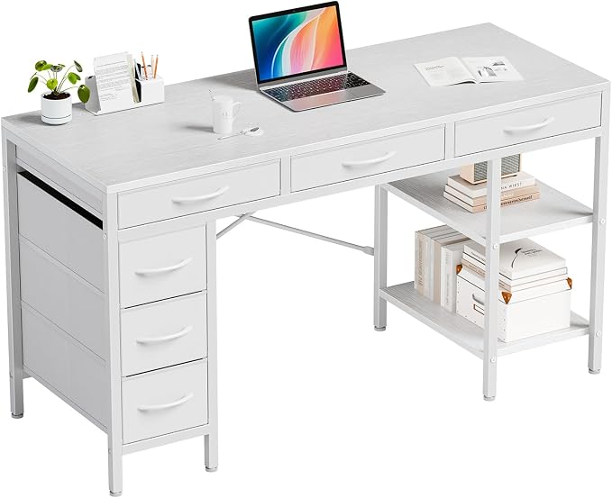 55" Computer Desk with 6 Drawers, Home Office Gaming Desks with Storage Shelves for Bedroom, Writing Study Corner Living Room Work Table White