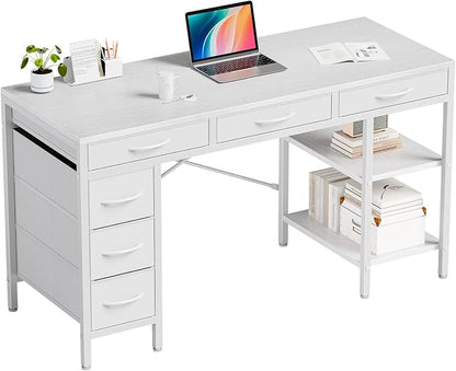 55" Computer Desk with 6 Drawers, Home Office Gaming Desks with Storage Shelves for Bedroom, Writing Study Corner Living Room Work Table White