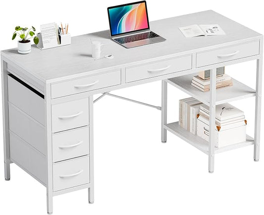 55" Computer Desk with 6 Drawers, Home Office Gaming Desks with Storage Shelves for Bedroom, Writing Study Corner Living Room Work Table White