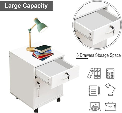 OFCASA 2 Drawer File Cabinet with Lock, Small Rolling Filing Cabinets for Home Office, Wood Under Desk File Cabinet with Wheels, Mobile Storage Organizer, Printer Stand for Letter/Legal, White
