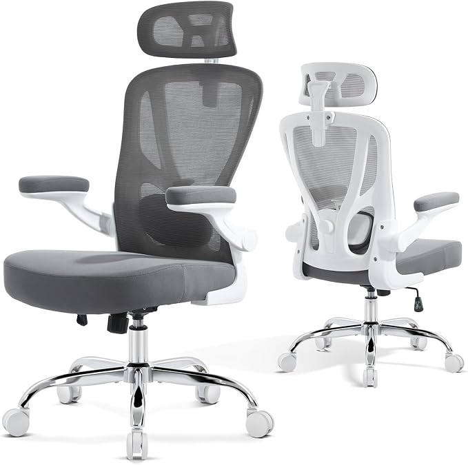 Office Chair Ergonomic Office Chair with Lumbar Support, Head Support, Rocking Function, Flip-up Armrests, Mesh High Back Chair Home Office Desk Chair, Suitable for Home Office, Grey, 1 Pk