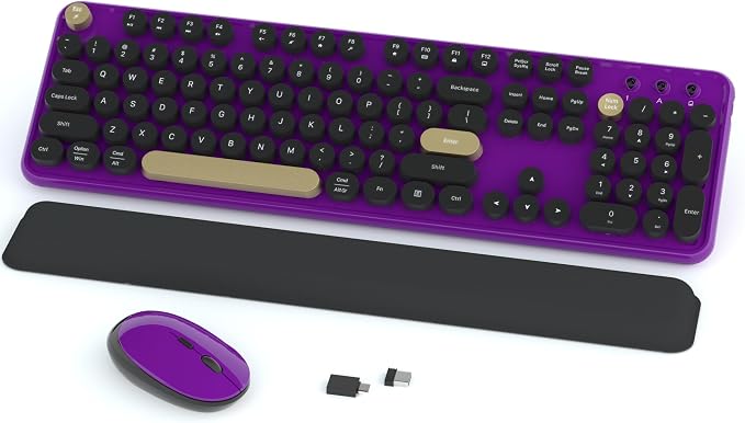Links9+ Retro Wireless Keyboard and Mouse Combo, 104-Key Full-Size Floating Round Keycaps, 2.4G Plug & Play, USB & Type-C Ready, Ergonomic Set for Mac, Laptop, PC, Windows (Purple-Black)