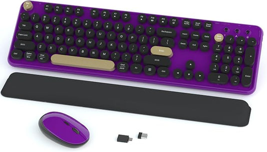 Links9+ Retro Wireless Keyboard and Mouse Combo, 104-Key Full-Size Floating Round Keycaps, 2.4G Plug & Play, USB & Type-C Ready, Ergonomic Set for Mac, Laptop, PC, Windows (Purple-Black)