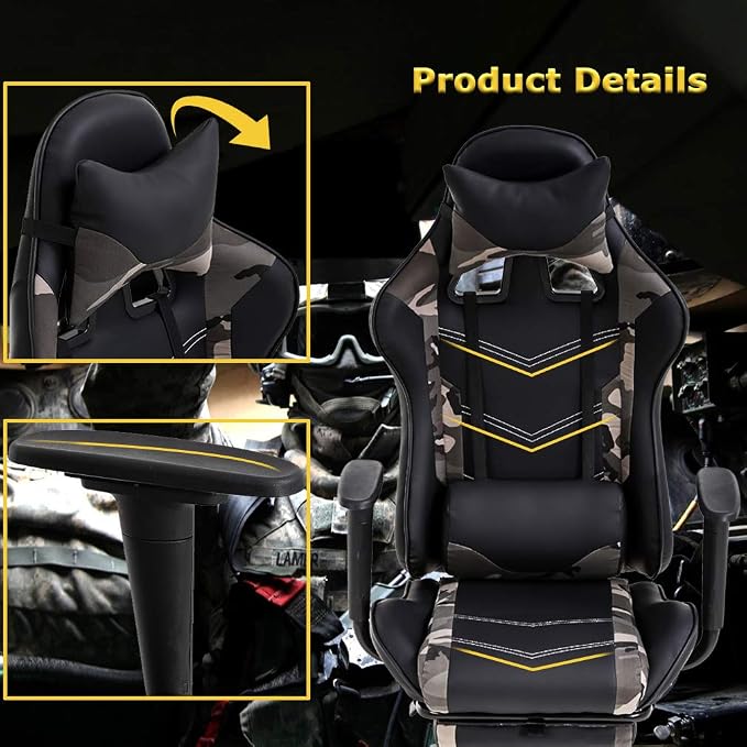 BestOffice | Ergonomic Gaming Chair | Camo | Reclining Computer Chair with Lumbar Support, Headrest Pillow, Adjustable Footrests | 360 Swivel with Heavy Duty Wheels | for Home & Office