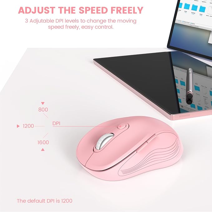WisFox 2.4G Wireless Mouse for Laptop, Ergonomic Computer Mouse with USB Receiver and Type-C Adapter, 3 Adjustable Levels DPI, 6 Button Cordless Wireless Mice (Blush Pink)