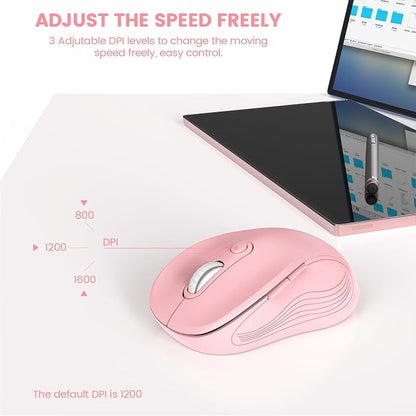 WisFox 2.4G Wireless Mouse for Laptop, Ergonomic Computer Mouse with USB Receiver and Type-C Adapter, 3 Adjustable Levels DPI, 6 Button Cordless Wireless Mice (Blush Pink)