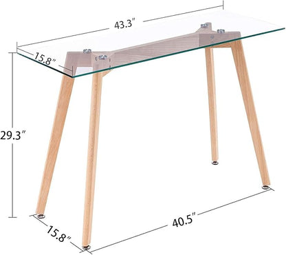 ivinta Glass Office Desk, 43" Rectangular Computer Desk with Solid Wood Legs, Modern Dining Table for Living Room, Office, Kitchen, TAM-WT