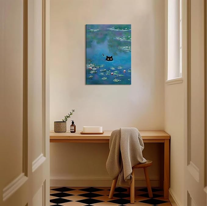 Funny Black Cat Wall Art Monet Cat in Water Lilies Canvas Wall Decor Van Gogh Starry Night Sunflower Aesthetic Pictures Paintings Prints for Bedroom Living Room Bathroom 16x24 in Framed