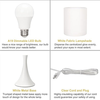 Modern Table Lamps, 3 Way Touch Control Table Lamp, Dimmable Desk Lamp, White Nightstand Lamp with Fabric Shade, Small Bedside Lamp for Living Room, Dorm,Home Office, LED Bulb Included
