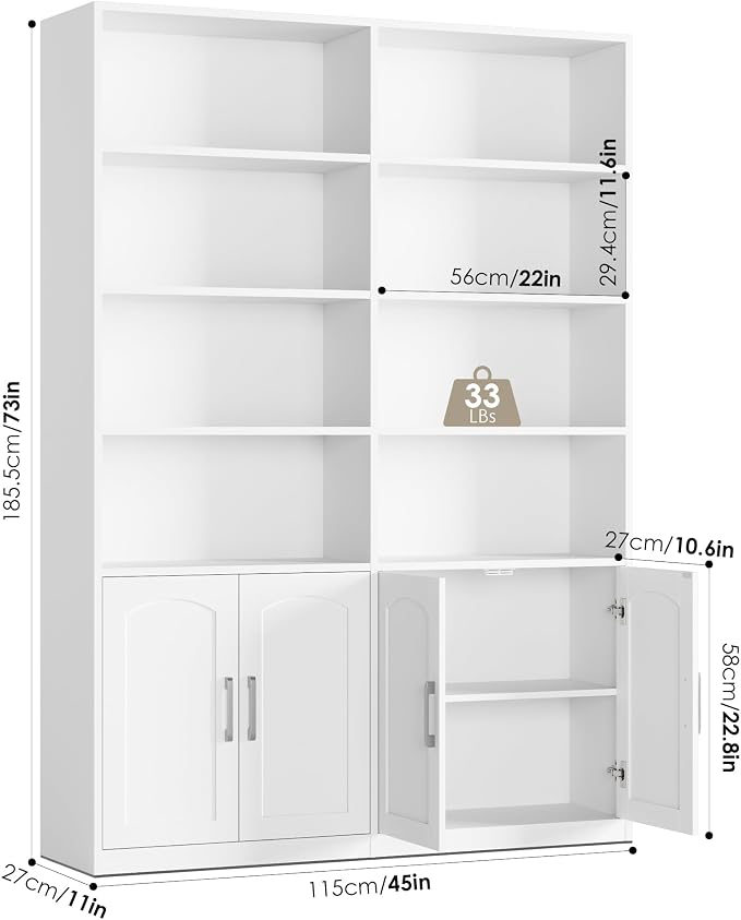 FACBOTALL Bookshelf and Bookcase with Doors, 6 Tier Double Wide Large Bookshelves, Open Display Shelves, 73'' Tall Bookshelf with Storage Cabinets for Home Office, Living Room, Library, White