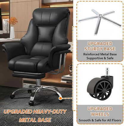 Big and Tall Office Chair 550 lbs Extra Wide Leather Executive Chair with Retractable Footrest, Heavy-Duty Ergonomic Chair, Adjustable Height Computer Gaming Chairs