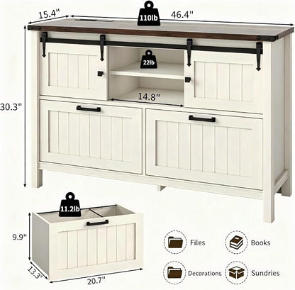 Lateral File Cabinet with Charging Station, Farmhouse Sliding Barn Doors & 2 Drawers, Antique White Printer Stand for Letter/A4/FC Hanging Folders