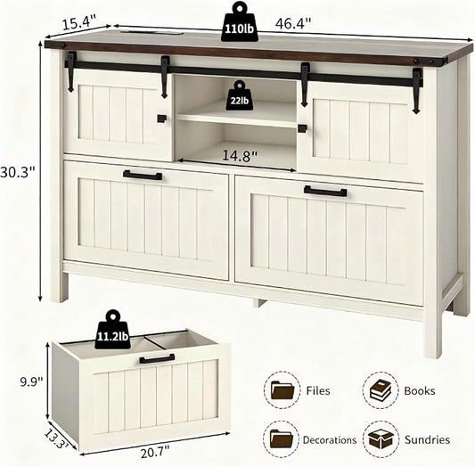 Lateral File Cabinet with Charging Station, Farmhouse Sliding Barn Doors & 2 Drawers, Antique White Printer Stand for Letter/A4/FC Hanging Folders