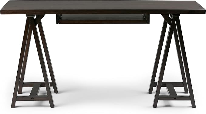 SIMPLIHOME Sawhorse Desk - 60 Inch Wide Solid Wood Writing Desk in Dark Chestnut Brown, Modern Industrial Home Office Computer Table for Workspace with Sawhorse Base and Integrated Keyboard Tray