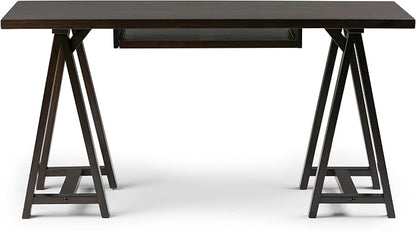 SIMPLIHOME Sawhorse Desk - 60 Inch Wide Solid Wood Writing Desk in Dark Chestnut Brown, Modern Industrial Home Office Computer Table for Workspace with Sawhorse Base and Integrated Keyboard Tray