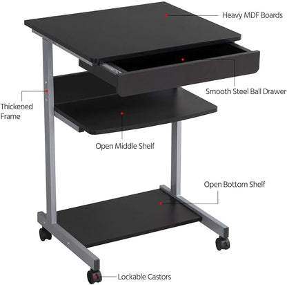 Topeakmart Mobile Computer Desk Office Desk Laptop Computer Table Study Writing Desk with Drawers and Printer Shelf on Wheels for Home Office