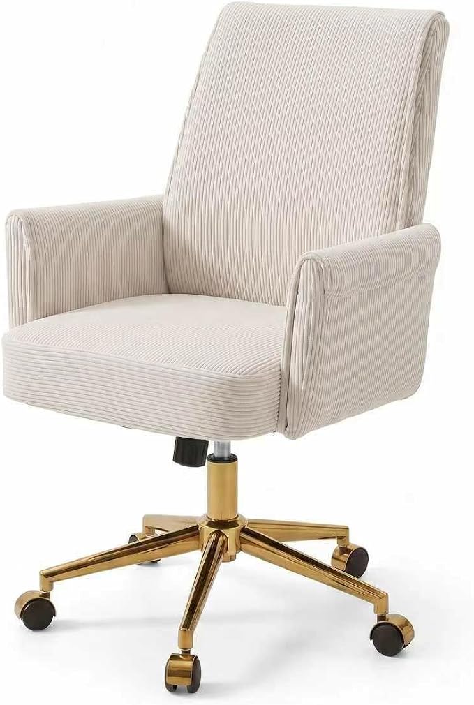 Stripes Velvet Home Office Desk Chair, Accent Upholstered Modern Height Adjustable Swivel Chair with Wheels,Ergonomic Task Chair for Living Room,Bedroom,Vanity,Study,Office（Cream）