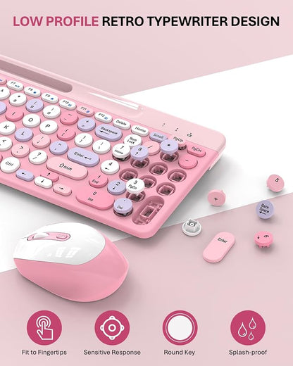 Colorful Wireless Keyboard and Mouse Combo - Round Keycaps, 2.4GHz Retro Typewriter Keyboard with Number Pad, Cute Compact USB Keyboard and Mouse for Computer PC Desktop Laptop (Pink)