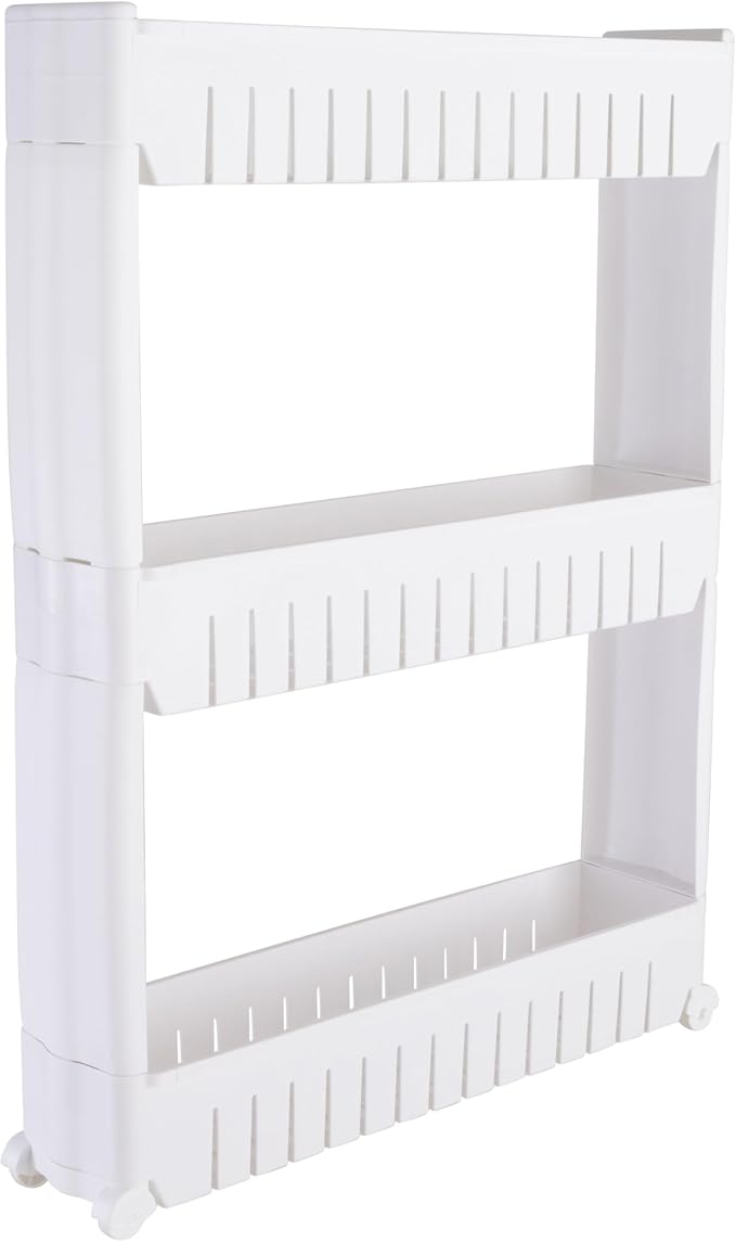 Simplify 3 Tier Slim Slide Out Storage Cart | Multi-Purpose Organization | Rolling | Wheels | Small Space | Laundry Room | Kitchen | Bathroom | Office | White
