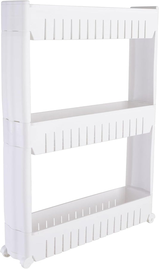 Simplify 3 Tier Slim Slide Out Storage Cart | Multi-Purpose Organization | Rolling | Wheels | Small Space | Laundry Room | Kitchen | Bathroom | Office | White