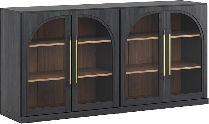 BELLEZE 65" Kitchen Storage Cabinet with Adjustable Shelves, Freestanding Accent Cabinet with Fluted Gold Handles & Arched Design, Modern Credenza for Living Room, Entryway - Ebony