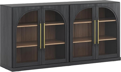 BELLEZE 65" Kitchen Storage Cabinet with Adjustable Shelves, Freestanding Accent Cabinet with Fluted Gold Handles & Arched Design, Modern Credenza for Living Room, Entryway - Ebony
