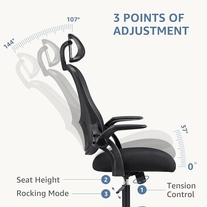 DUMOS Ergonomic Office Chair – High Back Mesh Computer Chair with Lumbar Support, Headrest, Flip-up Arms, and Swivel Wheels – Comfortable Gaming & Desk Chair for Home Bedroom Office,Black