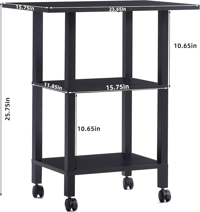 YUFAM Black 3 Tier Home Printer Stand with Storage, Wooden Mobile Printer Table Shelf, Rolling Printer Cart Shelf with Lockable Wheels fit Fax Machine, Scanner