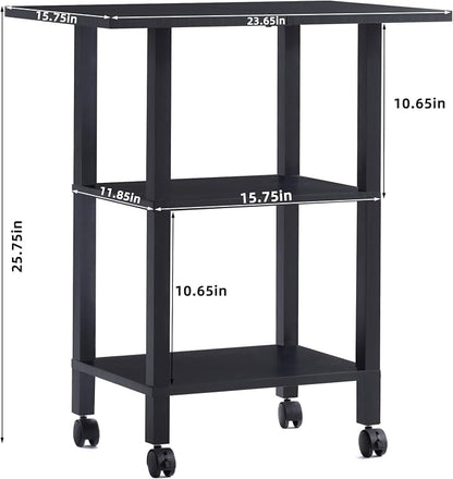 YUFAM Black 3 Tier Home Printer Stand with Storage, Wooden Mobile Printer Table Shelf, Rolling Printer Cart Shelf with Lockable Wheels fit Fax Machine, Scanner