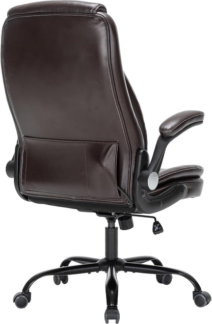 Heavy-Duty Executive Office Chair with Ergonomic Design, 300LBS PU Leather Chair with Adjustable Lumbar Support, 360° Swivel, Reclining Backrest, and Flip-Up Armrests for Big and Tall People(Brown)