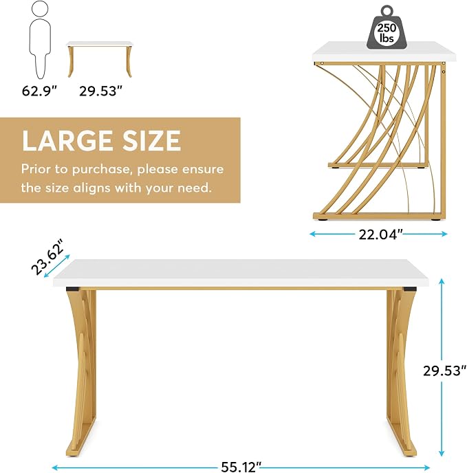 LITTLE TREE 55’’ Large Modern Computer Desk, White & Gold Luxury Laptop PC Student Table, Makeup Vanity Table with Thick Frame & Strong Legs, Sturdy Writing Workstation for Home & Office