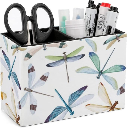 Niapessel Pencil Holder for Desk, Watercolor Dragonfly Pen Holder Storage Desktop Pen Organizer Desk Pencil Organizer Makeup Brush Holder for Office School College Leather