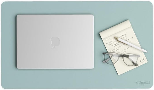 Smead Desk Pad, Vegan Leather Desk Mat with Non-Slip Faux Suede Backing, Perfect Desk Organizer for Office Decor, 23.6” x 13.7” Small, Superior Blue (64840)