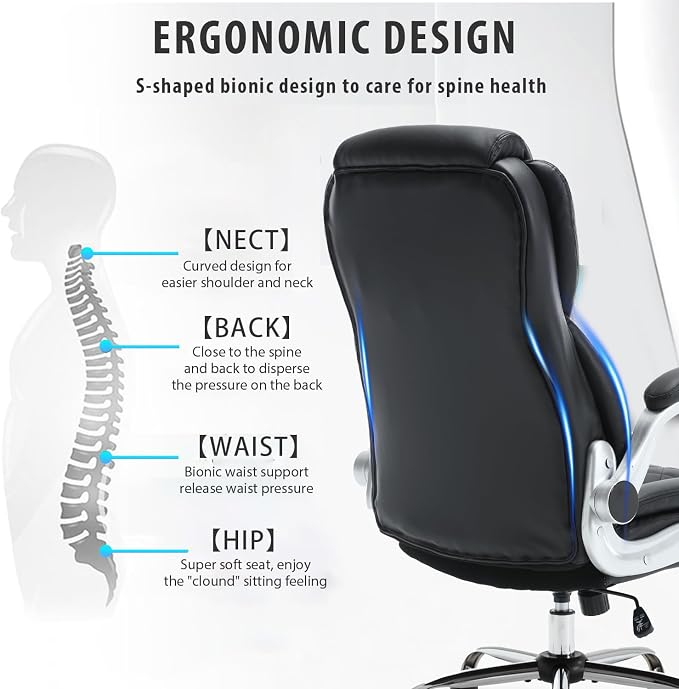 Big and Tall Office Chair 400lbs, High Back Ergonomic Desk Chair with Lumbar Support, Heavy Duty PU Leather Executive Computer Chair with Flip-up Arms, Rocking Swivel Task Chair for Home Office Black