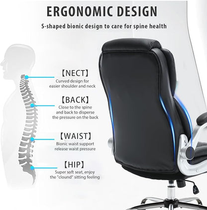 Big and Tall Office Chair 400lbs, High Back Ergonomic Desk Chair with Lumbar Support, Heavy Duty PU Leather Executive Computer Chair with Flip-up Arms, Rocking Swivel Task Chair for Home Office Black