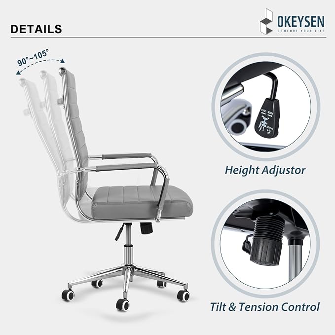 Okeysen Ergonomic Office Desk Chair, Modern PU Leather Conference Room Table Chairs Ribbed, High Back Executive Swivel Rolling Chair for Home, Office (Grey-Ribbed)