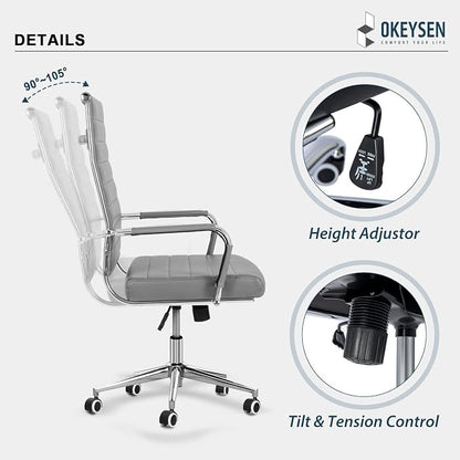 Okeysen Ergonomic Office Desk Chair, Modern PU Leather Conference Room Table Chairs Ribbed, High Back Executive Swivel Rolling Chair for Home, Office (Grey-Ribbed)