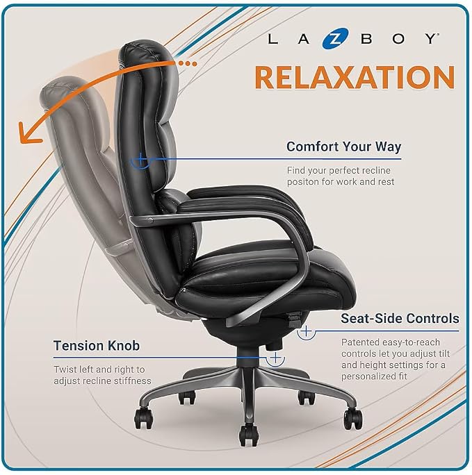 La-Z-Boy Aberdeen Ergonomic Executive Office Chair, Bonded Leather, Swivel, Reclines, Adjustable Arms, Lumbar Support, Black