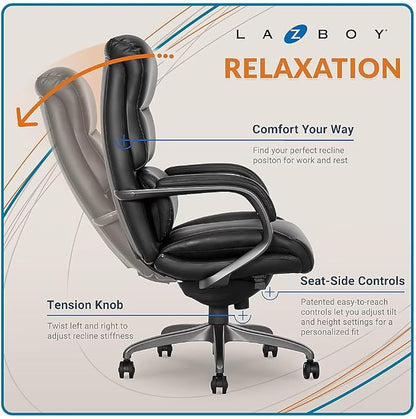 La-Z-Boy Aberdeen Ergonomic Executive Office Chair, Bonded Leather, Swivel, Reclines, Adjustable Arms, Lumbar Support, Black