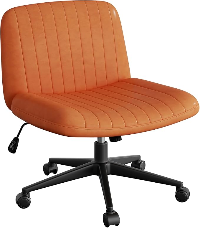 Criss Cross Chair with Wheels, Cross Legged Office Chair, Armless Office Chairs Adjustable Height Swivel Tilting Vanity Chairs for Home Bedroom (PU Leather, Orange)