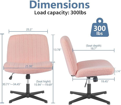 DUMOS Criss Cross Chair No Wheels, Cross Legged Office Desk Armless Vanity Chiar Wide Seat, Height Adjustable Swivel Computer Task Chairs for Home Bedroom, Pink Teddy