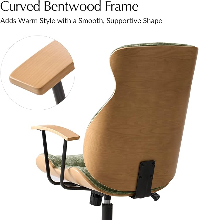 HULALA HOME Solid Wood Office Chair with Tilt Function, Mid Century Modern Bentwood Desk Chair with High Backrest, Height Adjustable Swivel Fabric Computer Task Chair, Green