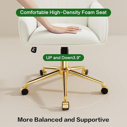 Home Office Desk Chair Comfy with Adjustable Swivel Wheels, Modern Velvet Makeup Vanity Chair with Back & Pillow, Ergonomic Office Chair Computer Task Chair for Living Room, Bedroom, White
